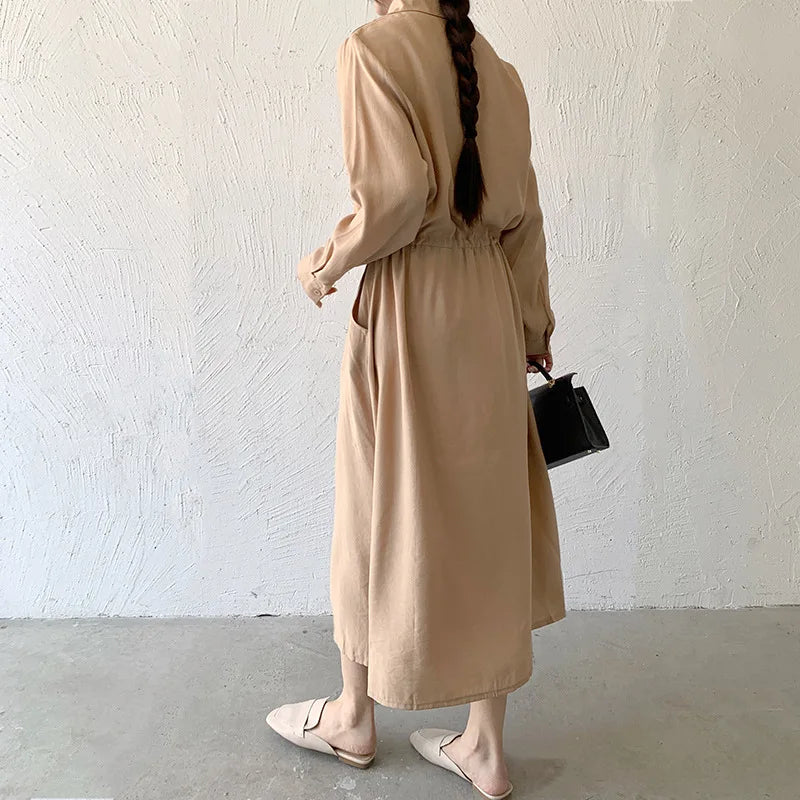 Matakawa Shirt Dresses for Women Solid Long Sleeve Japan Style Elegant Vestidos A-line Simple Fashion Casual  Dress Vintage