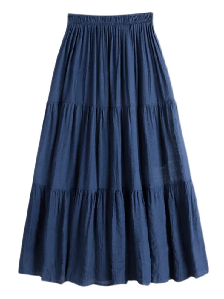 Designer Chic Maxi Skirt Woman 2024 New Summer A-Line Solid Patchwork Skirts Minimalist Casual Loose Pleated Skirts Jupe Femme