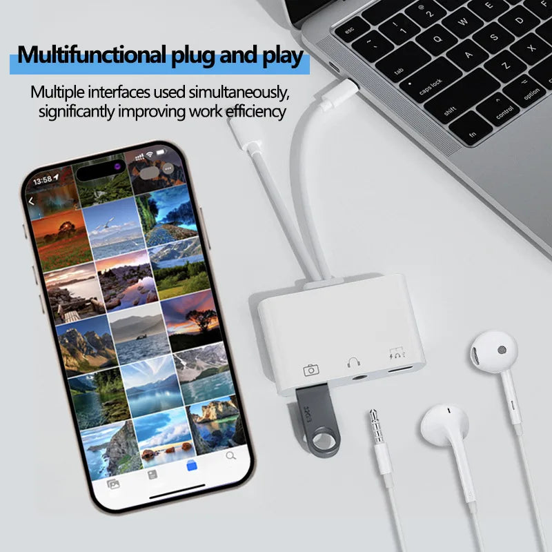 Byscoon Lightning/Type C to USB 3.0 /3.5mm/Type C OTG Adapter 3.5mm Audio Jack Splitter for iPhone14/13/12/iPad with Charging