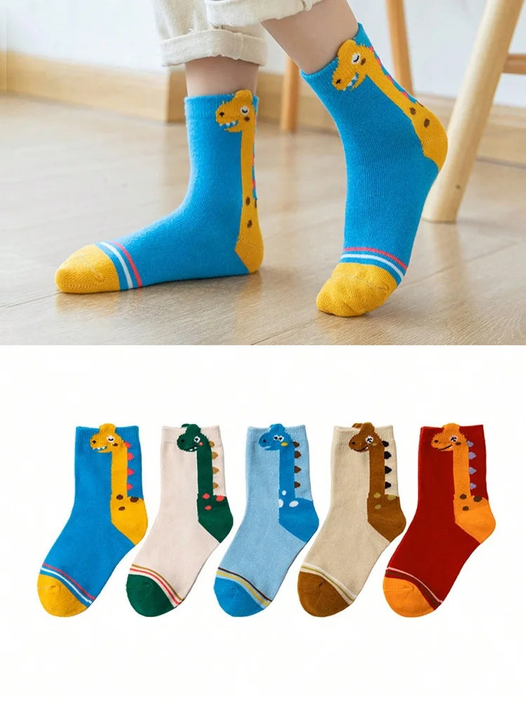 5 Pairs of Four-season Kidsren's Socks for Spring & Fall Seasons Cartoon Neck Dragon Dinosaur Boys and Girls Mid-calf Socks Baby Socks