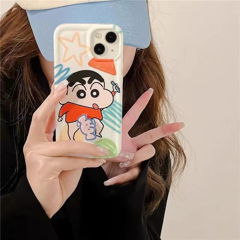 3D Rotating Crayons Shin-Chans Phone Case For IPhone 16 15 14 Pro Max Plus 11 13 12 Mini Pro Max Cover Airbag Clear Soft Casing