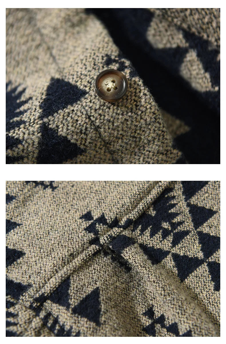 2024 Autumn Winter New Vintage Loose Printed Wool Shirts for Men Clothing Cargo Big Pockets Men Shirts AZT738