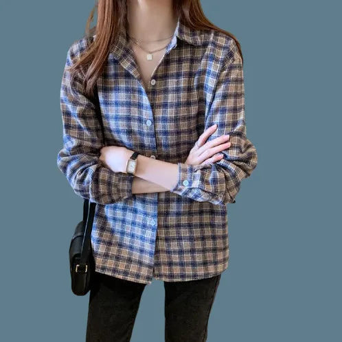 Vintage All-match Plaid Shirt for Female 2022 Spring Women's Clothing Korean Simple Turn-down Collarlong Sleeve Casual Blouses