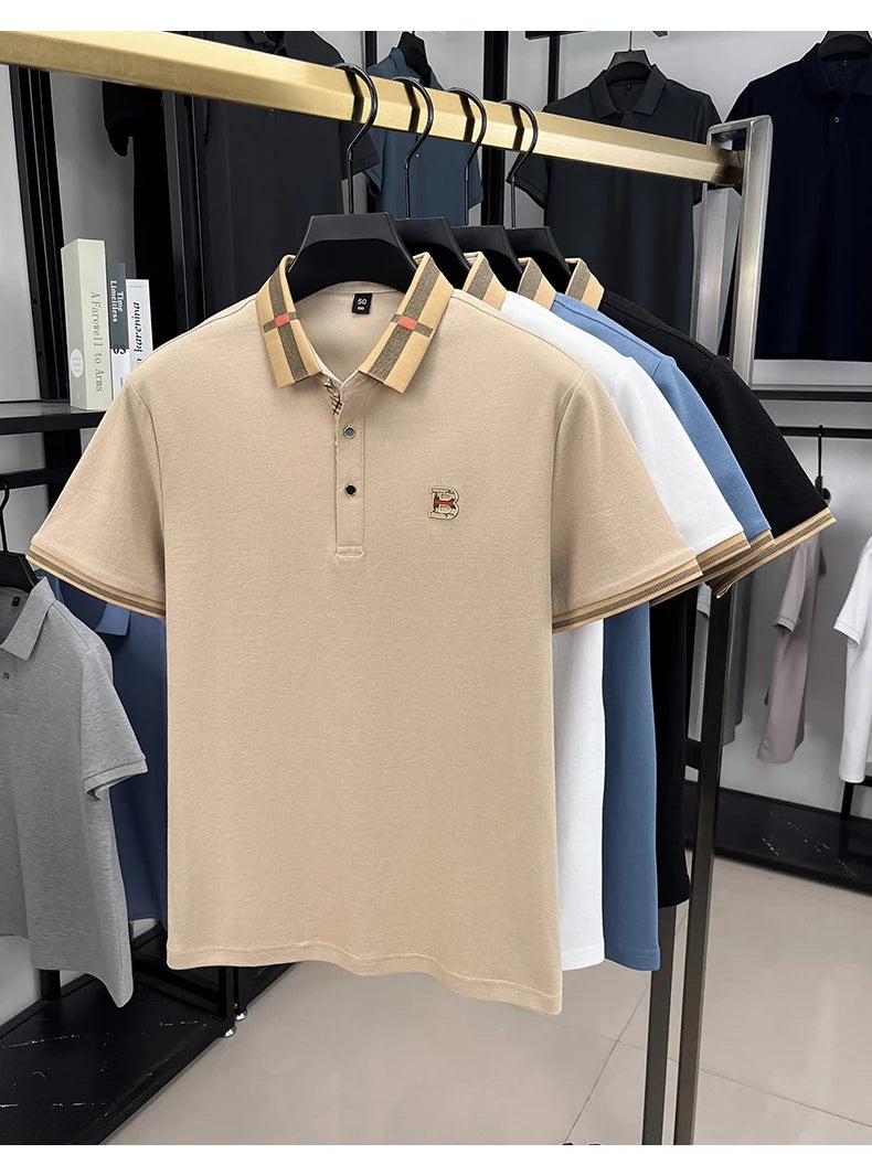 Summer new men's solid color casual fashion short sleeved polo shirt, summer comfortable business casual top