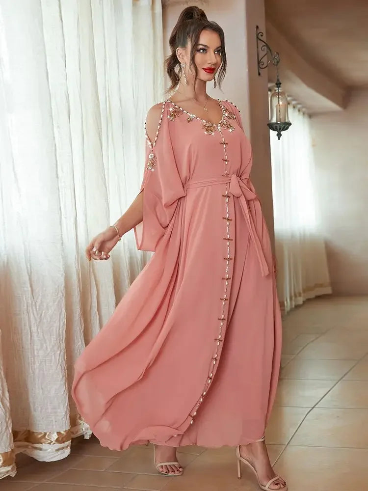 Ramadan Eid Party Dress Morocco Kaftan Off Shoulder Pink Diamond Beads Dubai Abaya Long Dress Abayas for Women Robe Musulmane