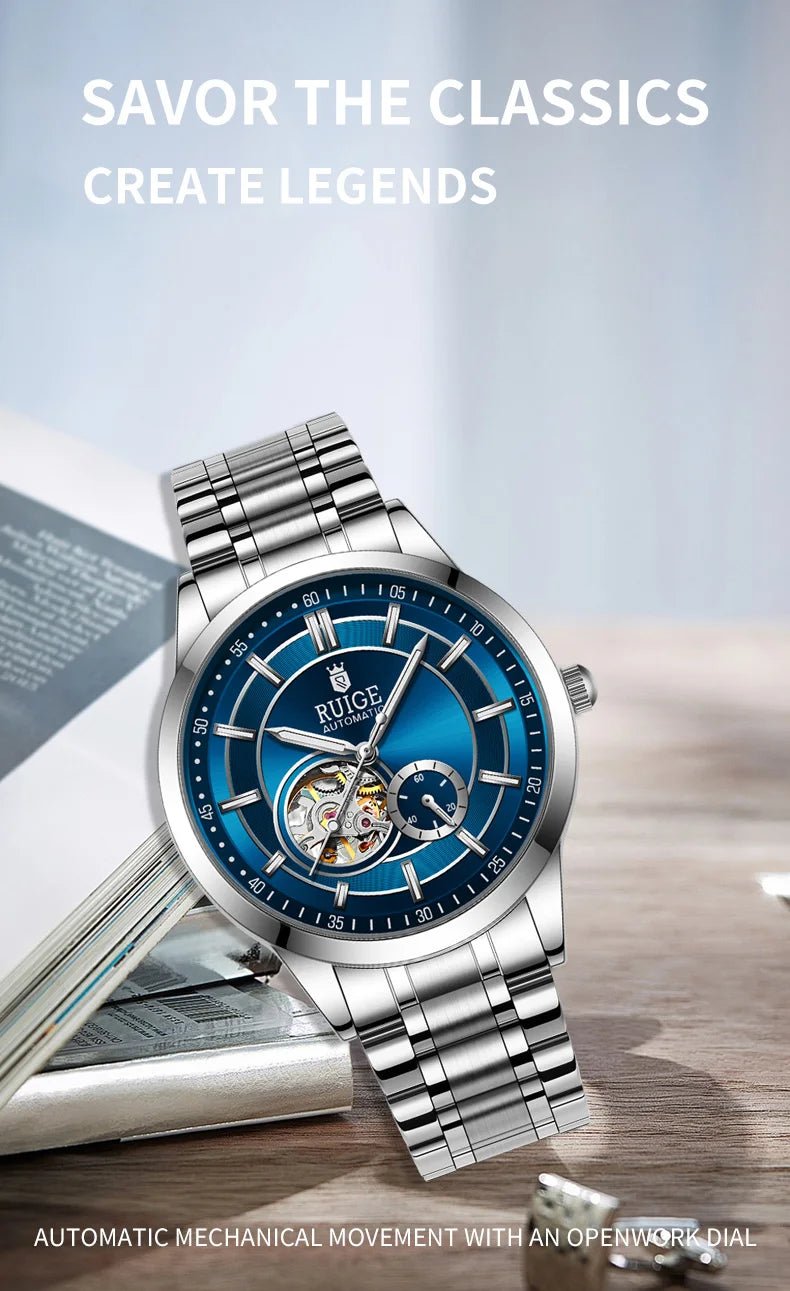 RUIGE High Quality Hollow Mechanical Movement Men's Watch Stainless Steel Fashion Men's Night Light Waterproof Watch