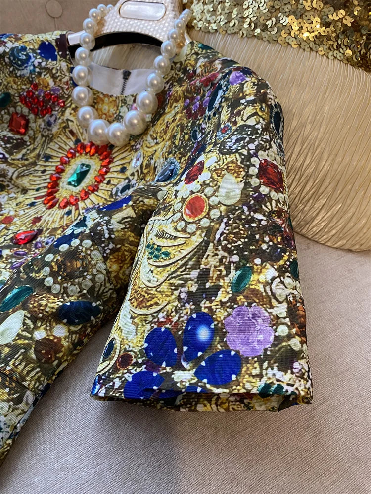 European Fashion Retro Exquisite Rhinestone Beaded Luxury Dress Women 2024 Autumn Trendy High Sense High-End Above Knee Dress