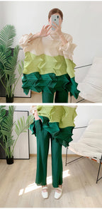 Miyake Diamond Pleated Two Piece Set Women Winter Outfits Elegant Causal Batwing Long Sleeve Three Colour Tos Straight Pants