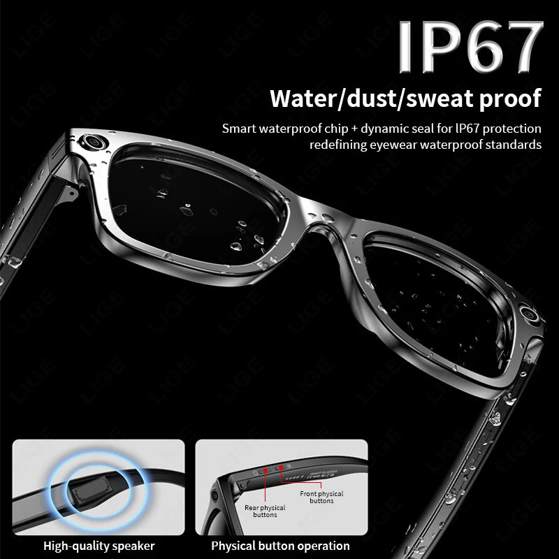 LIGE AI Smart Glasses 720P Camera Video Recorder Bluetooth Call 260mAh Battery Voice Assistant Control Sunglasses For Men Women