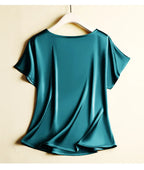 Big Size Summer New Silky Acetic Acid Satin T-shirt Round Neck Women Loose Top Lazy and Versatile Acetate Satin T-shirt