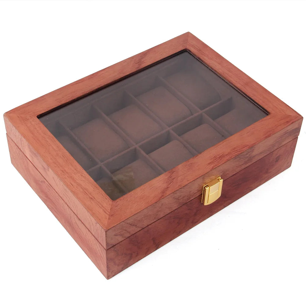 10 Slot Wooden Watch Display Box with Glass Top Lid, Exquisite Jewelry Storage Case