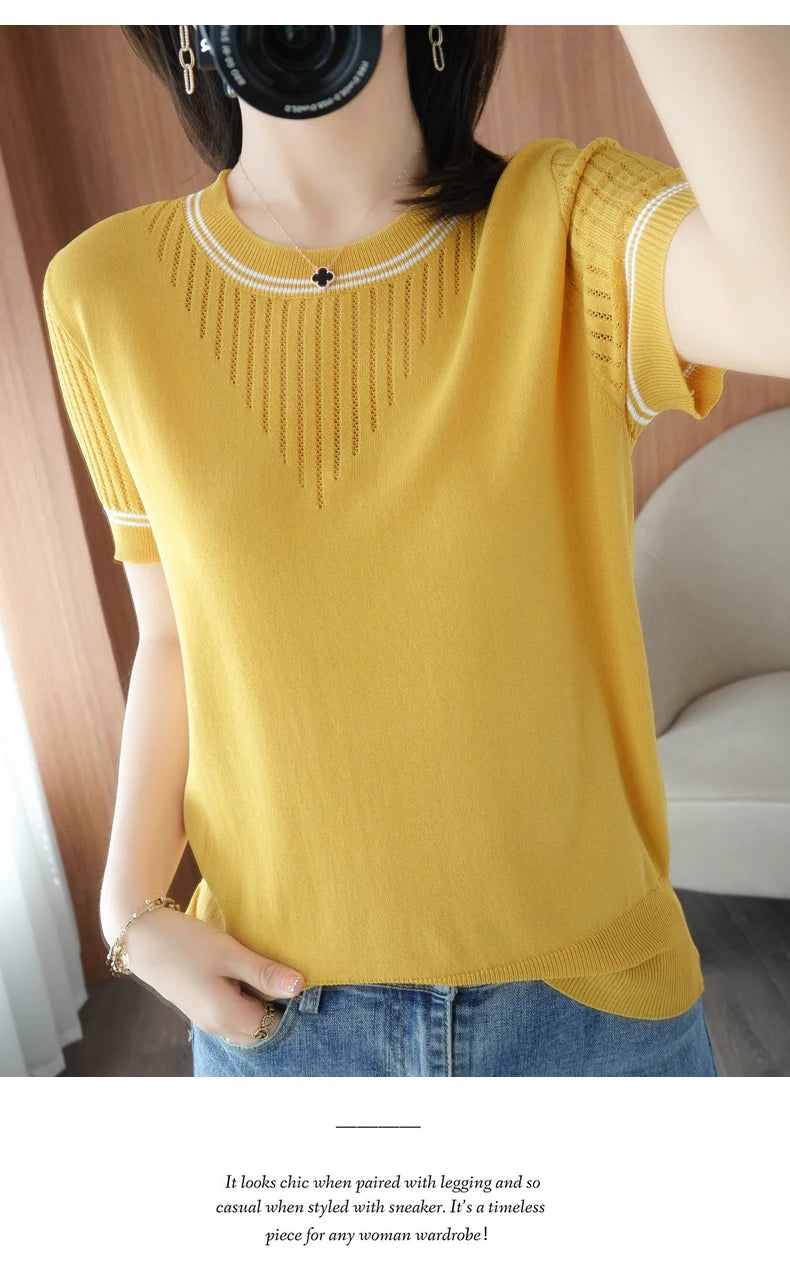 Women New Summer Short-sleeved Tees O-Neck Slim 100% Cotton Linen Hollow Pullover T-shirt Knitted Base Casual Sweater