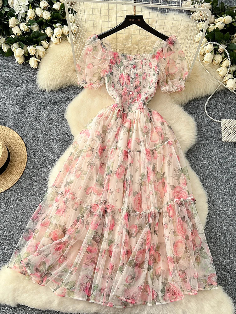 Summer Vintage French Mesh Dress for Women New Waist Cinched Slash Neck Bubble Sleeves Sweet Floral Chiffon Dress Female C146