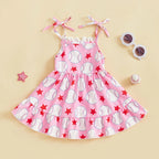 Girls Sleeveless Floral Print Ruffle Hem Summer Dress with Bow Detail and Button Closure - Casual A-line Beach Dress for