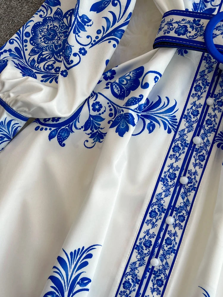 Spring Maxi Belt Dresses for Women Chic Vintage Printing Robe Femme Stand Neck Tunic Lantern Sleeve Dress 2024 Vestidos De Mujer