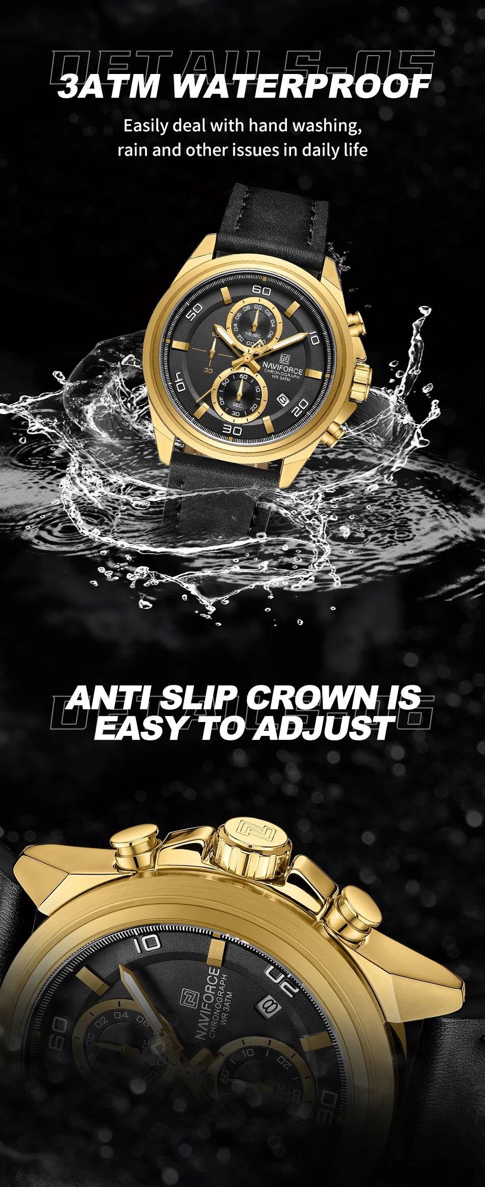 NAVIFORCE  Hands Wristwatches Genuine Leather Strap Alloy Case Casual Watches Dress Watch for Men Waterproof with Date Luminous