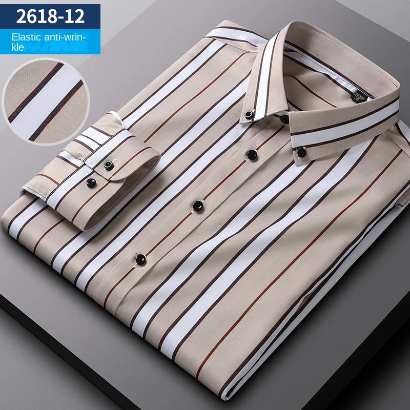 2023 Non-Iron Solid  Soft Easycare Stretch Shirts Men Spandex Long Sleeve Dress Shirt Men Office Shirts Men Clothing