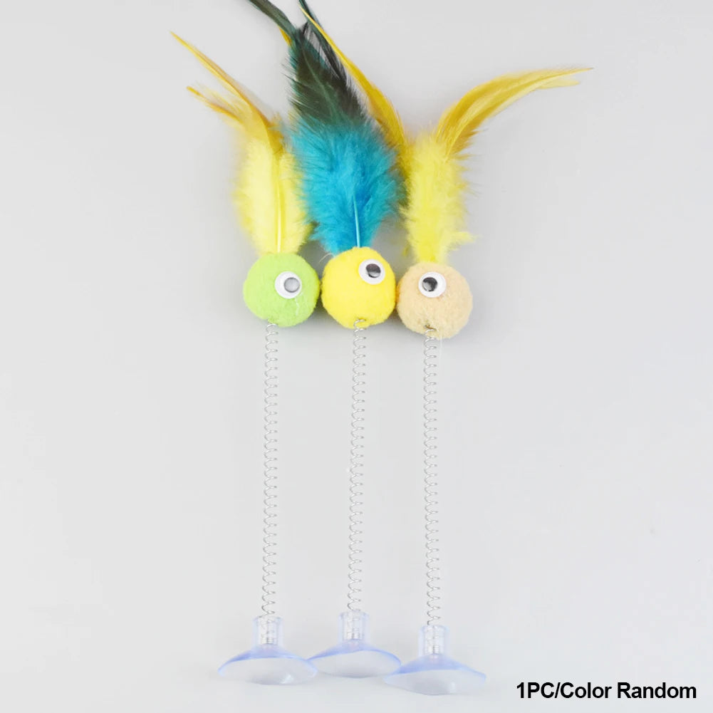 1pc Random Color Cat Feather Spring Ball Toy with Suction Cup Interactive Cat Teaser Wand Cat Toy Cat Scratcher Toy Cat Supplies