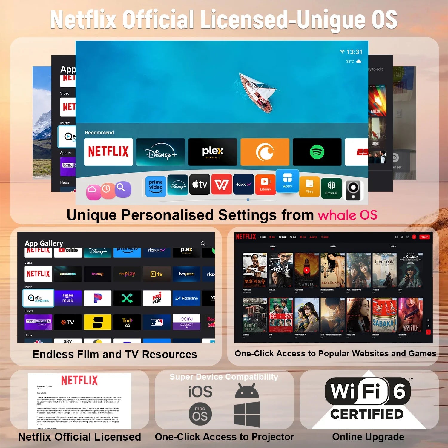 Projector Netflix Officially Licensed HY320 Android 11 1080P 500ANSI Amlogic S950D4 WIFi6.0 BT5.2 Mini 4K Projector