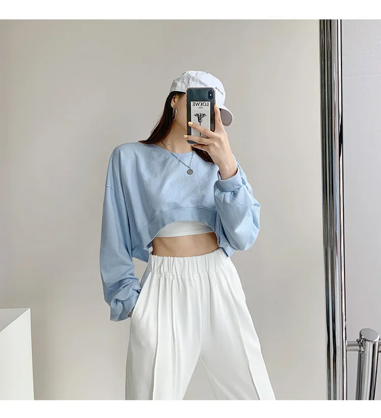 Long Sleeve Crop Top Korean Fashion Solid Loose Y2K T-shirt Woman Autumn Winter Harajuku Sexy Clothes Women Kpop Japanese Tees