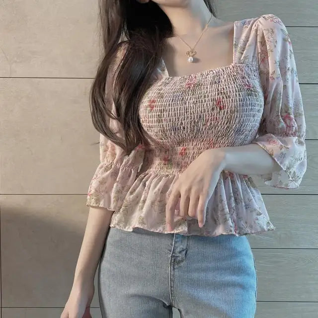 Chiffon Shirt for Women New Floral Flared Sleeves Wrapped in Chest and Waist to Make Them Look Slim Top for Women