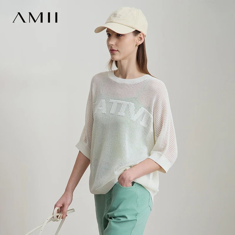 Amii Minimalist Women's Hollowed-out Knitted Pullover 2025 Summer New Half-sleeve Crew Neck Loose Blouse Thin Solid Top 12542139