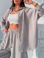 Casual Solid Women Set Tracksuit Women Long Sleeve Single-breasted Shirt and Harem Pants Two Piece Sets Female Fashion Outfits