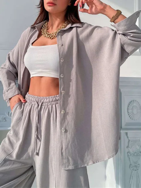 Casual Solid Women Set Tracksuit Women Long Sleeve Single-breasted Shirt and Harem Pants Two Piece Sets Female Fashion Outfits