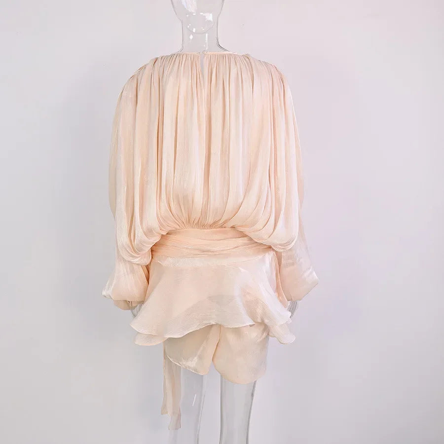 Pleated Mini Dress Women New Fashion Puff Sleeve Elegant V-neck High Waist Evening Party Dresses Lady Holiday Beach Vestidos