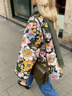 Women Fall Winter Loose Quilted Jacket Floral Print Button Down Long Sleeve Padded Coat Warm Outwear