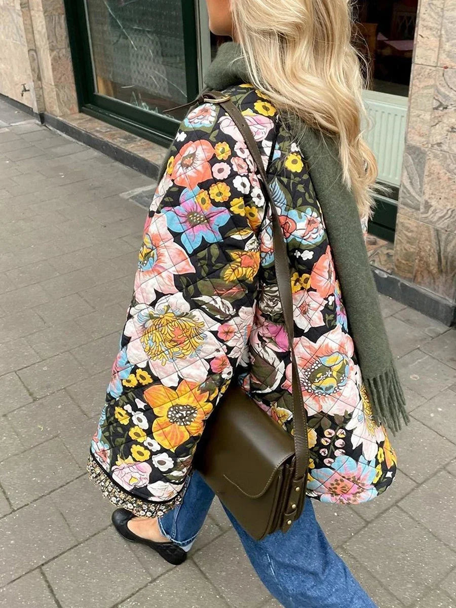Women Fall Winter Loose Quilted Jacket Floral Print Button Down Long Sleeve Padded Coat Warm Outwear
