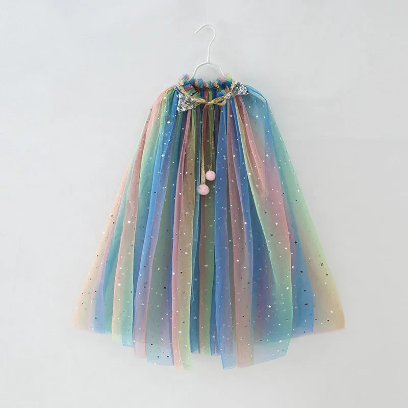 Summer Girl Princess Party Accessories Cloak Snow Queen Elsa Anna Costume Cape Rapunzel Aurora Sequins Tulle Halloween Mantle