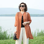 Spring and Summer Retro Embroidered Cotton Linen Shirt Stand Collar Mid-length Temperament Noble Mother Casual Jacket for Women