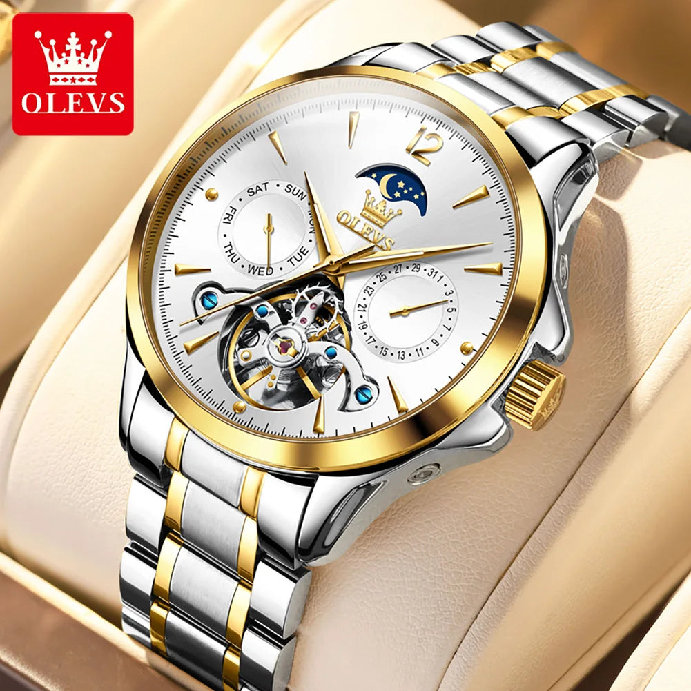 OLEVS 6663 Mens Watch Original Mechanical Watch Tourbillon Waterproof Luminous Leather Strap Moon Phase Day-Date Watch With Box