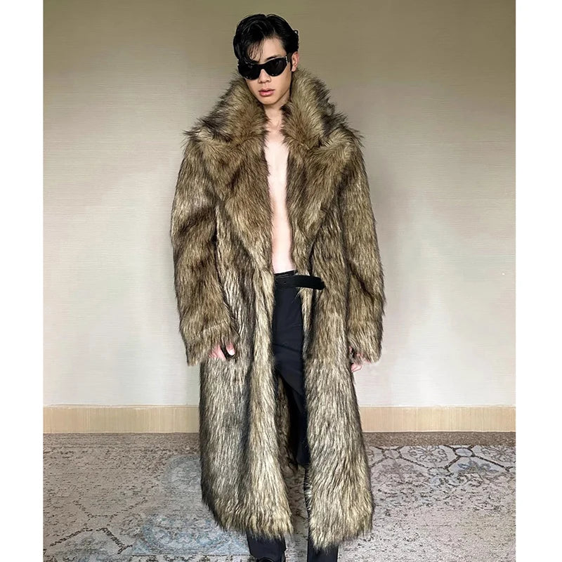 Men's fur coat, Wolf fur, fox fur, lapel long overcoat, winter windproof and warm windbreaker, large size