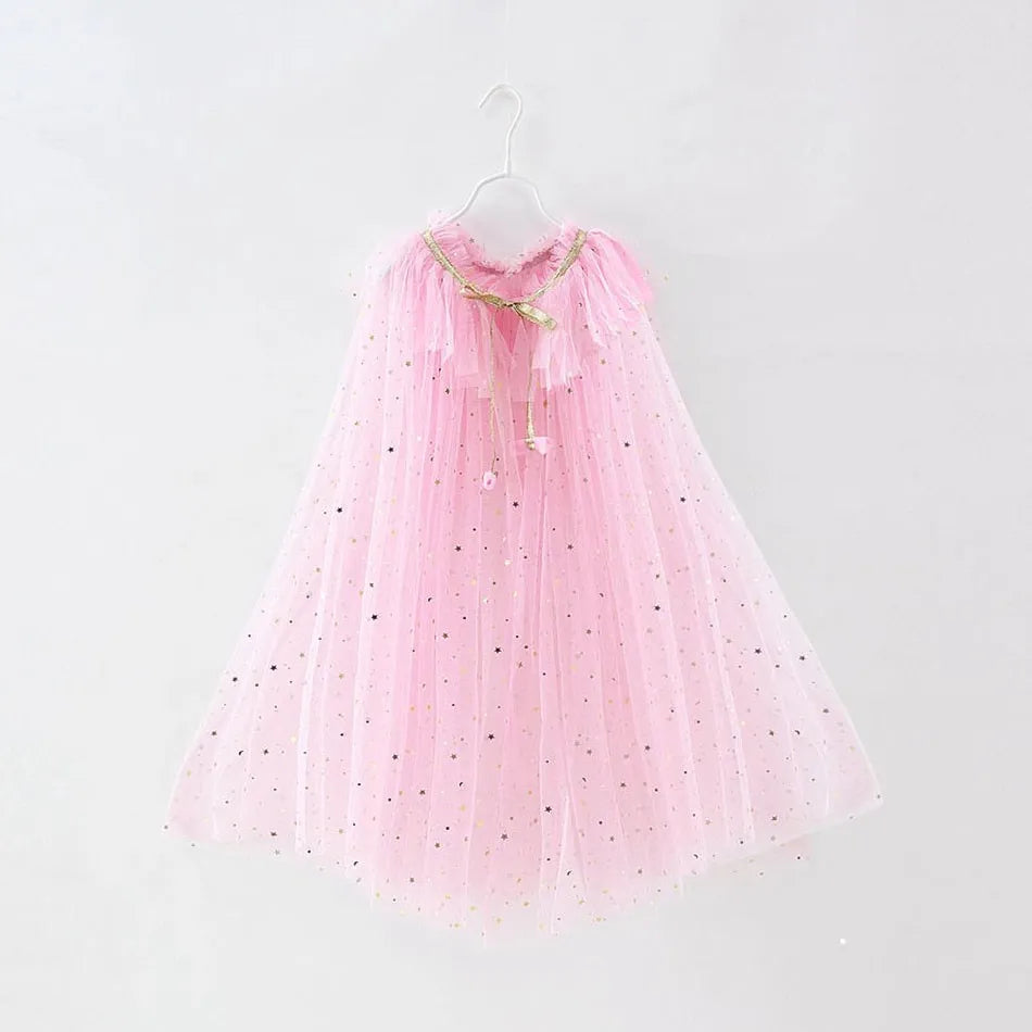 Summer Girl Princess Party Accessories Cloak Snow Queen Elsa Anna Costume Cape Rapunzel Aurora Sequins Tulle Halloween Mantle