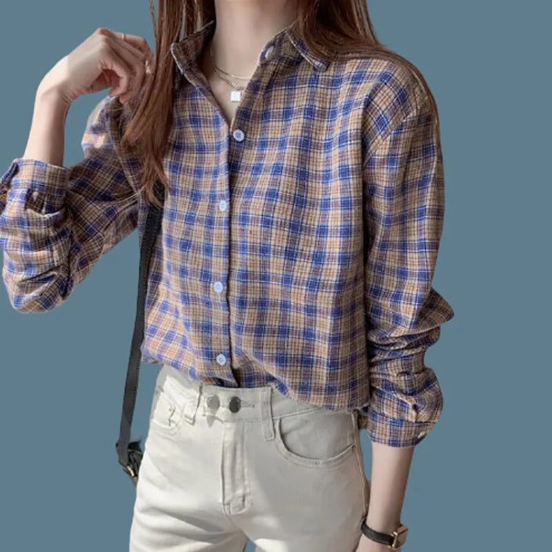 Vintage All-match Plaid Shirt for Female 2022 Spring Women's Clothing Korean Simple Turn-down Collarlong Sleeve Casual Blouses