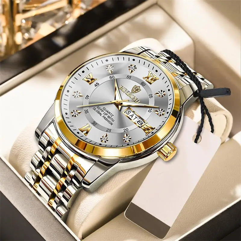 2025 Quartz Watch for Men Luxury Diamonds Gold Watch Waterproof Luminous Stainless Steel Business Men's Quartz Watch Mens Watch