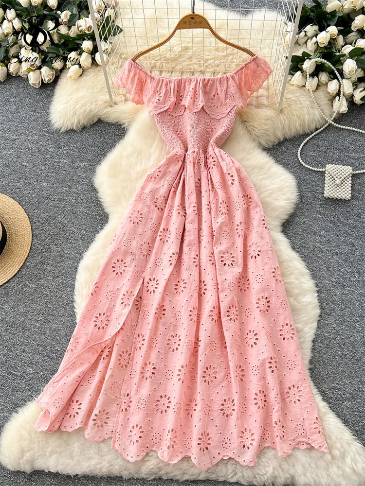 SINGREINY Chic Embroidery Hollow Out Dress Ruffles Splice Off Shoulder Elastic Ruched Slim 2025 Solid Gentle Vacation Long Dress