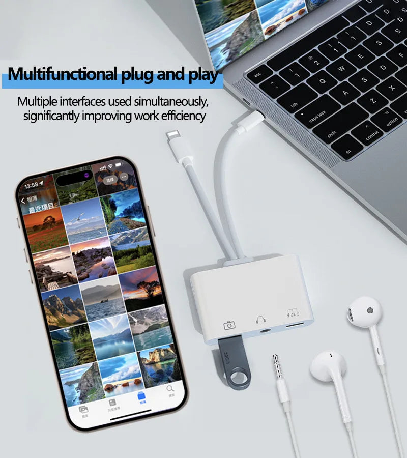 Byscoon Lightning/Type C to USB 3.0 /3.5mm/Type C OTG Adapter 3.5mm Audio Jack Splitter for iPhone14/13/12/iPad with Charging