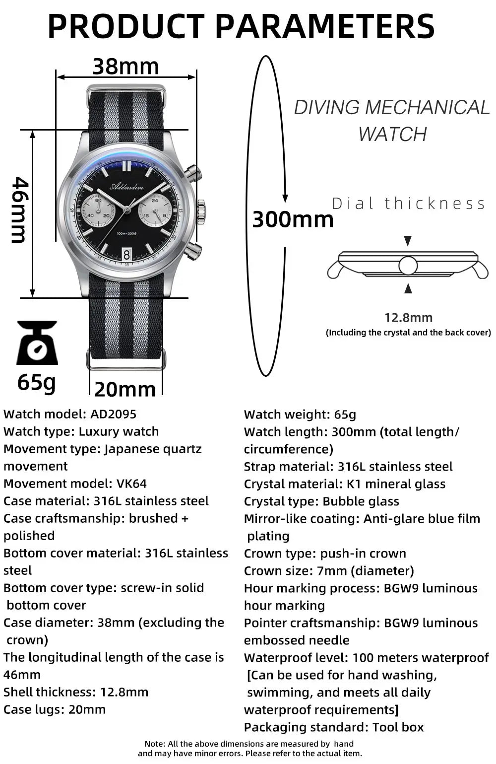 ADDIESDIVE AD2095 Watch of Men 60min Chronograph Quartz Wristwatch Bubble Mirror Glass Luminous Waterproof Men's Watches 38mm