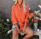 Women's Oversize Shirt Pocket Elegant Beautiful Blouse Women Casual Solid Turn Down Collar Loose Long Sleeve Top 2023 New