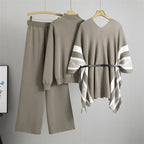 Korean Elegant Knitted 3 Piece Sets Women Sweater Pullover+chic Design Shawl Tops Conjuntos High Waist Wide Leg Pants Outfit New