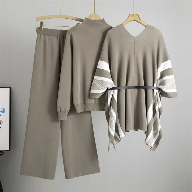 Korean Elegant Knitted 3 Piece Sets Women Sweater Pullover+chic Design Shawl Tops Conjuntos High Waist Wide Leg Pants Outfit New