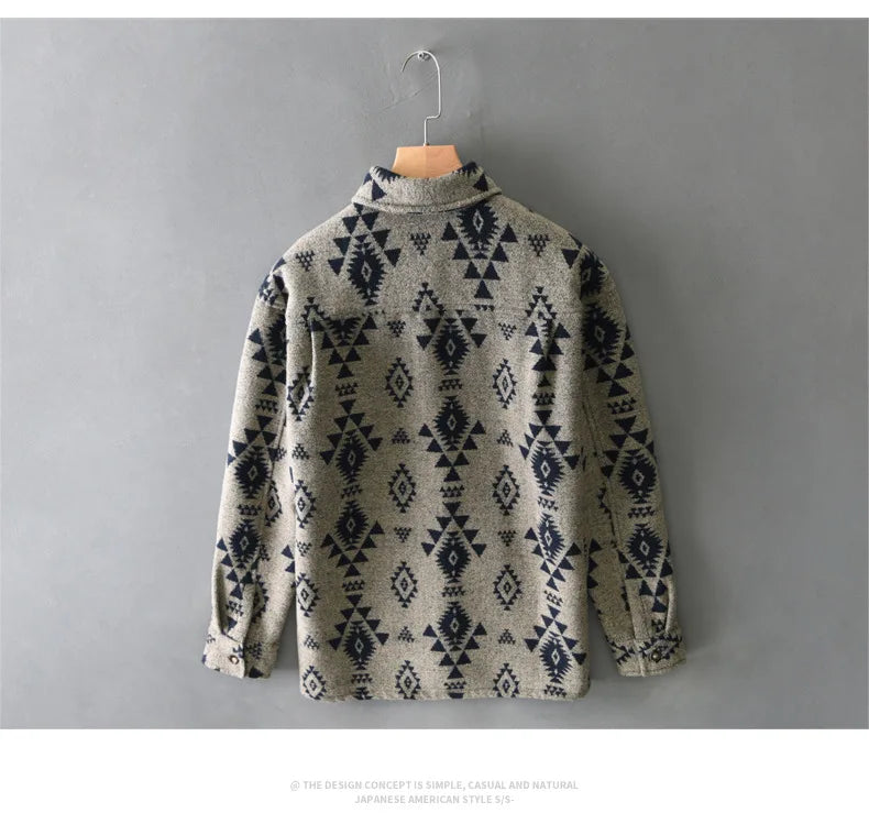 2024 Autumn Winter New Vintage Loose Printed Wool Shirts for Men Clothing Cargo Big Pockets Men Shirts AZT738