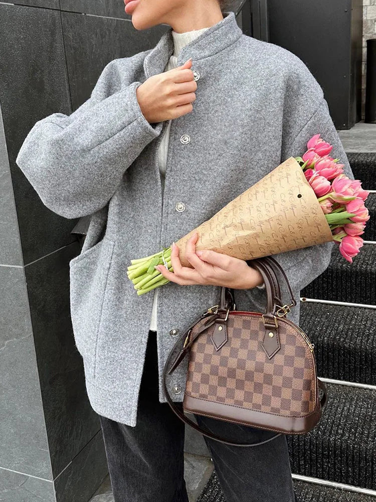 MiuKoMiYa Army Green Short Wool Blend Bomber Jackets For Women Winter Outdoor Women's Woolen Blend Coat Women Loose Wool Jacket