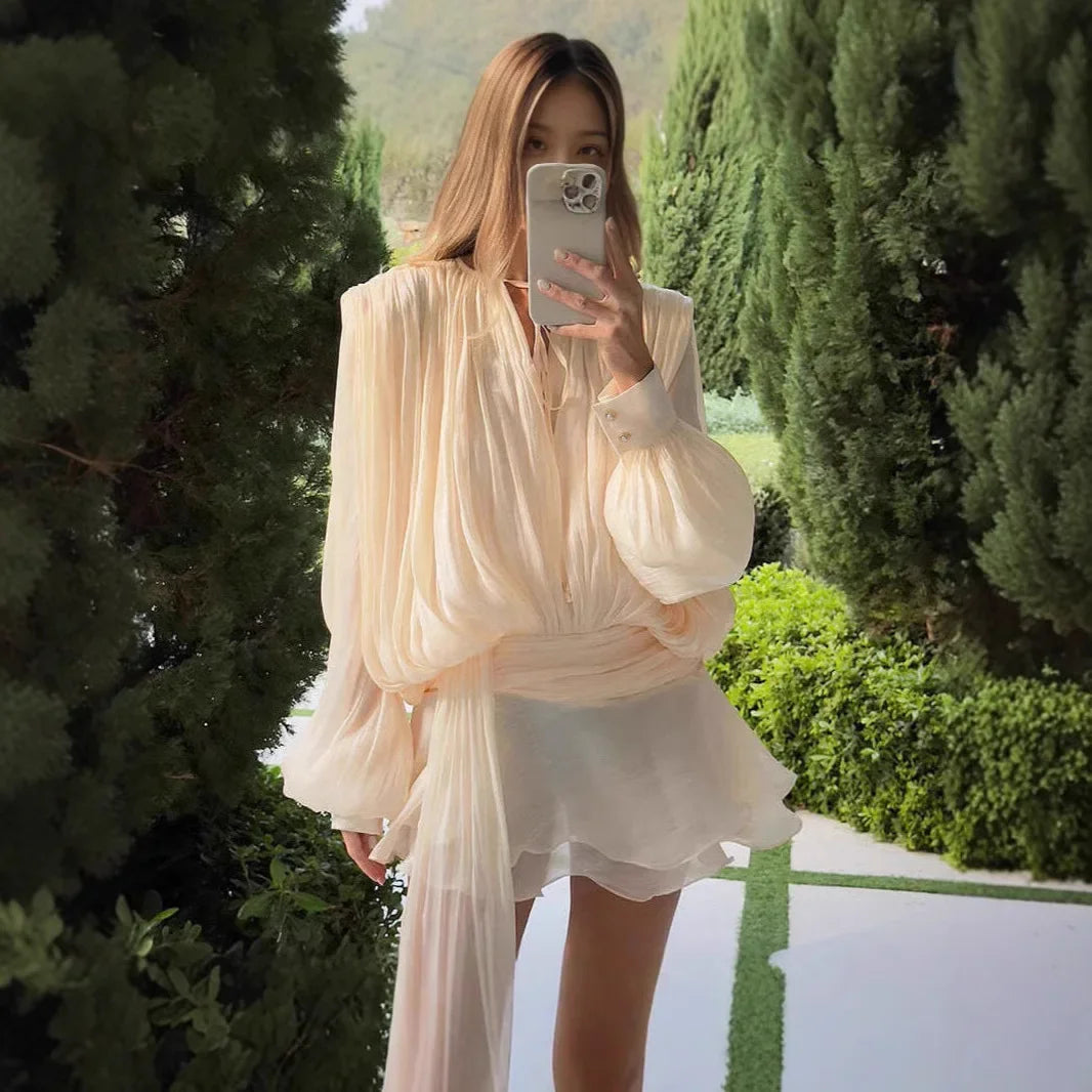 Pleated Mini Dress Women New Fashion Puff Sleeve Elegant V-neck High Waist Evening Party Dresses Lady Holiday Beach Vestidos