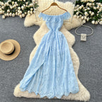 SINGREINY Chic Embroidery Hollow Out Dress Ruffles Splice Off Shoulder Elastic Ruched Slim 2025 Solid Gentle Vacation Long Dress