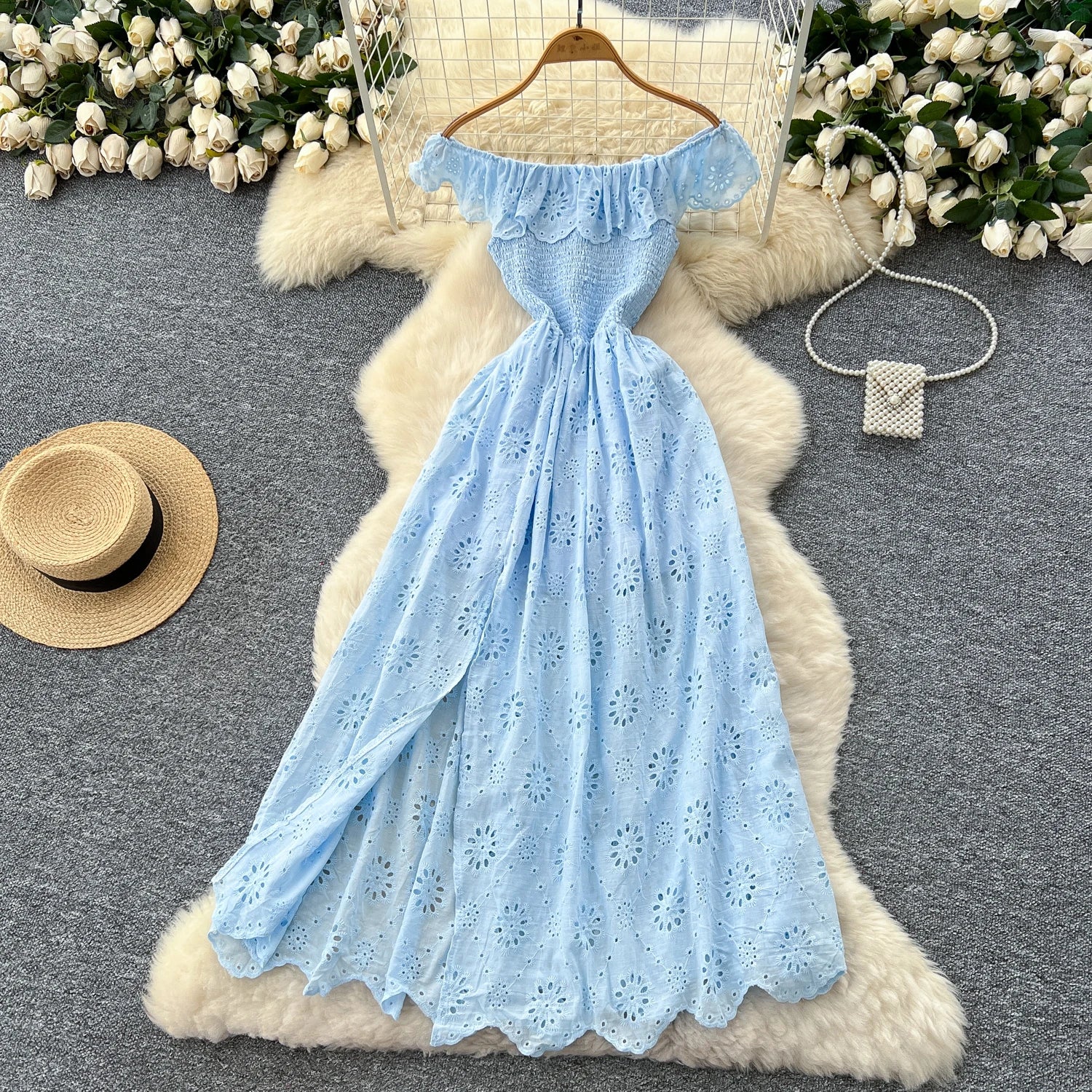 SINGREINY Chic Embroidery Hollow Out Dress Ruffles Splice Off Shoulder Elastic Ruched Slim 2025 Solid Gentle Vacation Long Dress