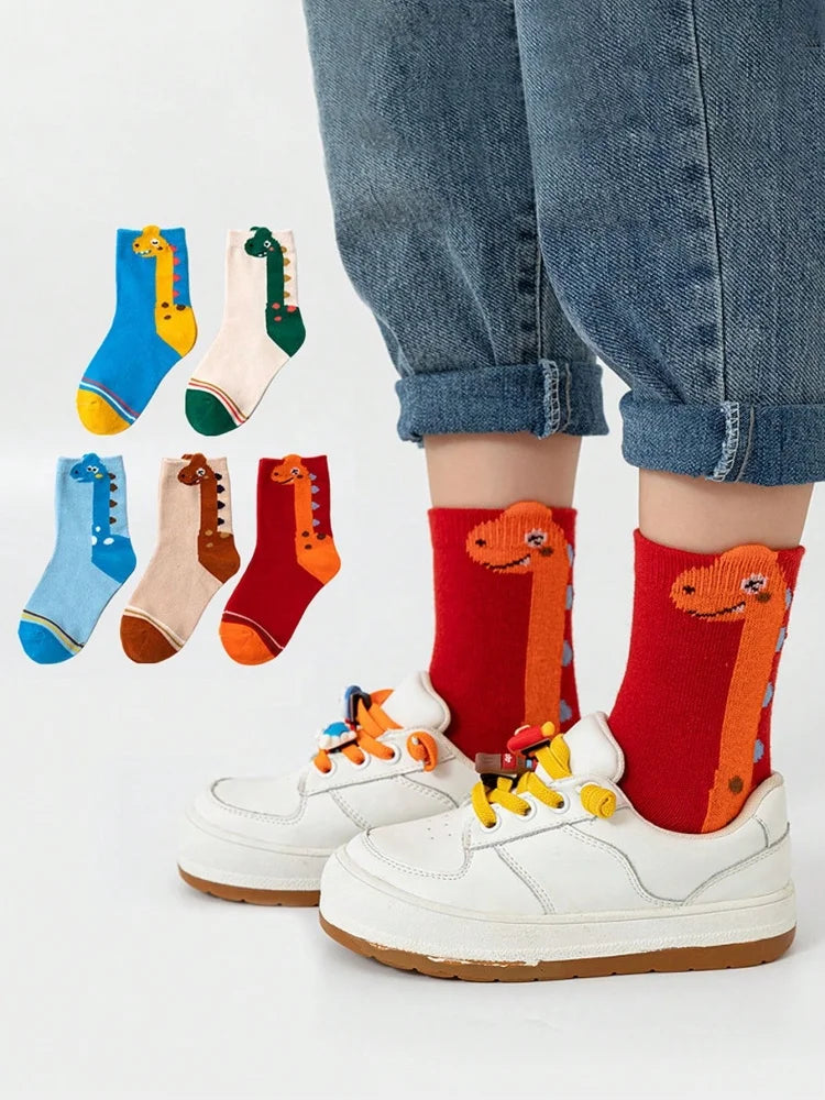 5 Pairs of Four-season Kidsren's Socks for Spring & Fall Seasons Cartoon Neck Dragon Dinosaur Boys and Girls Mid-calf Socks Baby Socks